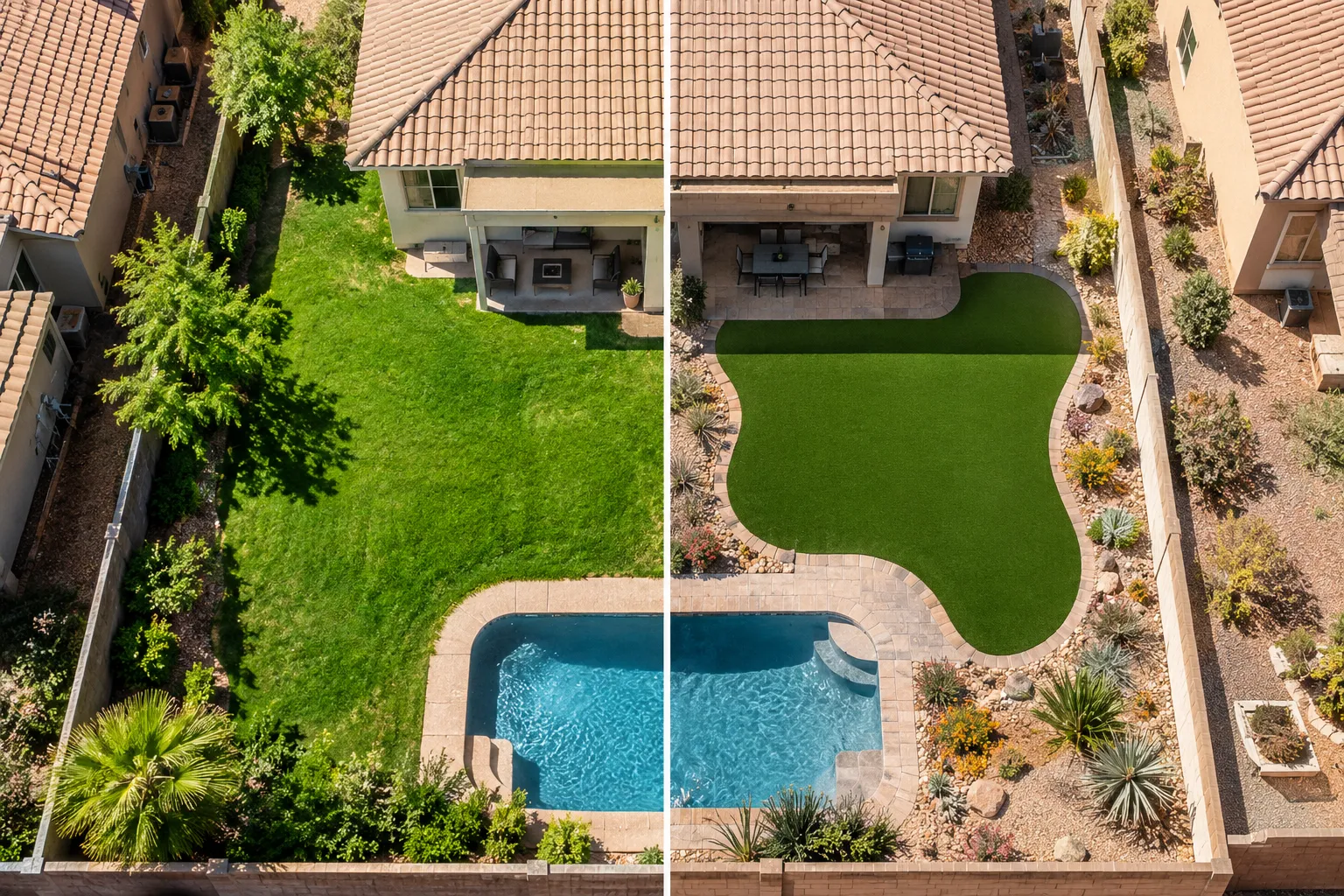 Editorial () cover image, no . Split aerial view of a Las Vegas residential neighborhood: left half shows a lush green