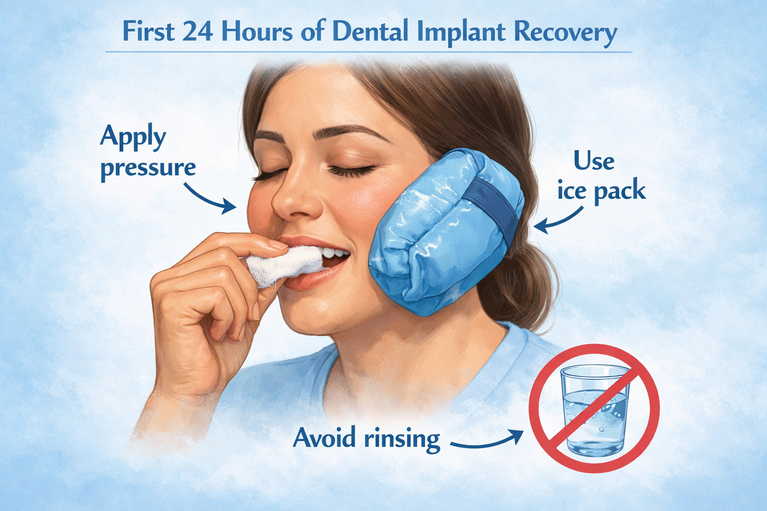 A detailed illustration showing the first 24 hours of dental implant recovery, specifically focusing on the instructions for managing bleedi