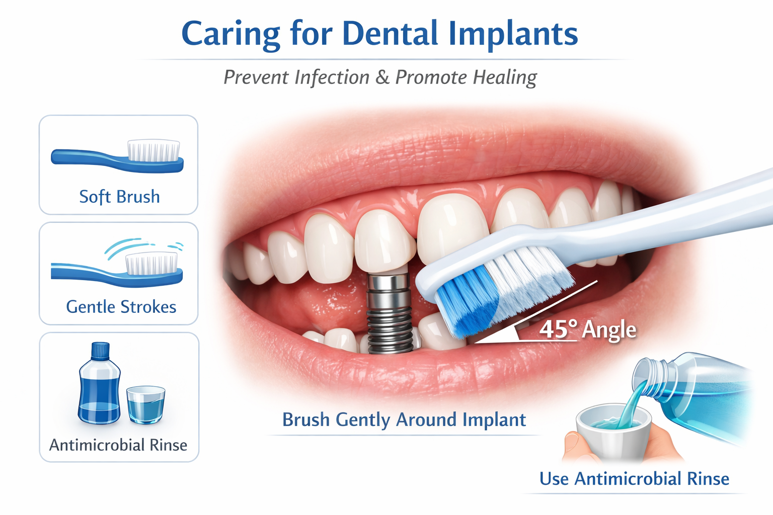 A visual guide demonstrating proper oral hygiene techniques for dental implants, including gentle brushing around the surgical site with a s