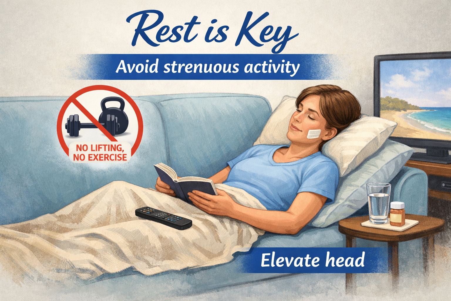An illustration depicting a patient resting and avoiding strenuous activities after dental implant surgery. The scene shows someone relaxing