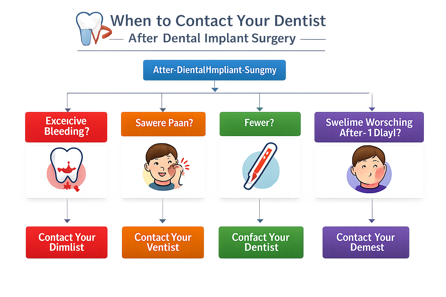 A flowchart or decision tree guiding a patient on when to contact their dentist after dental implant surgery. It includes branches for 'Exce