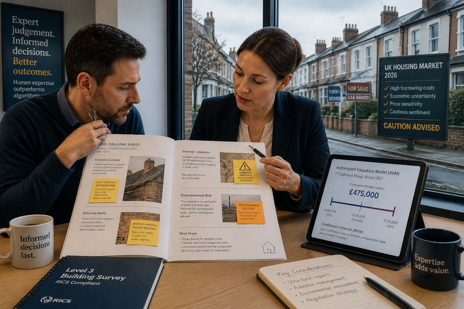 () wide-angle editorial scene showing a property buyer sitting at a desk reviewing a detailed Level 3 survey report