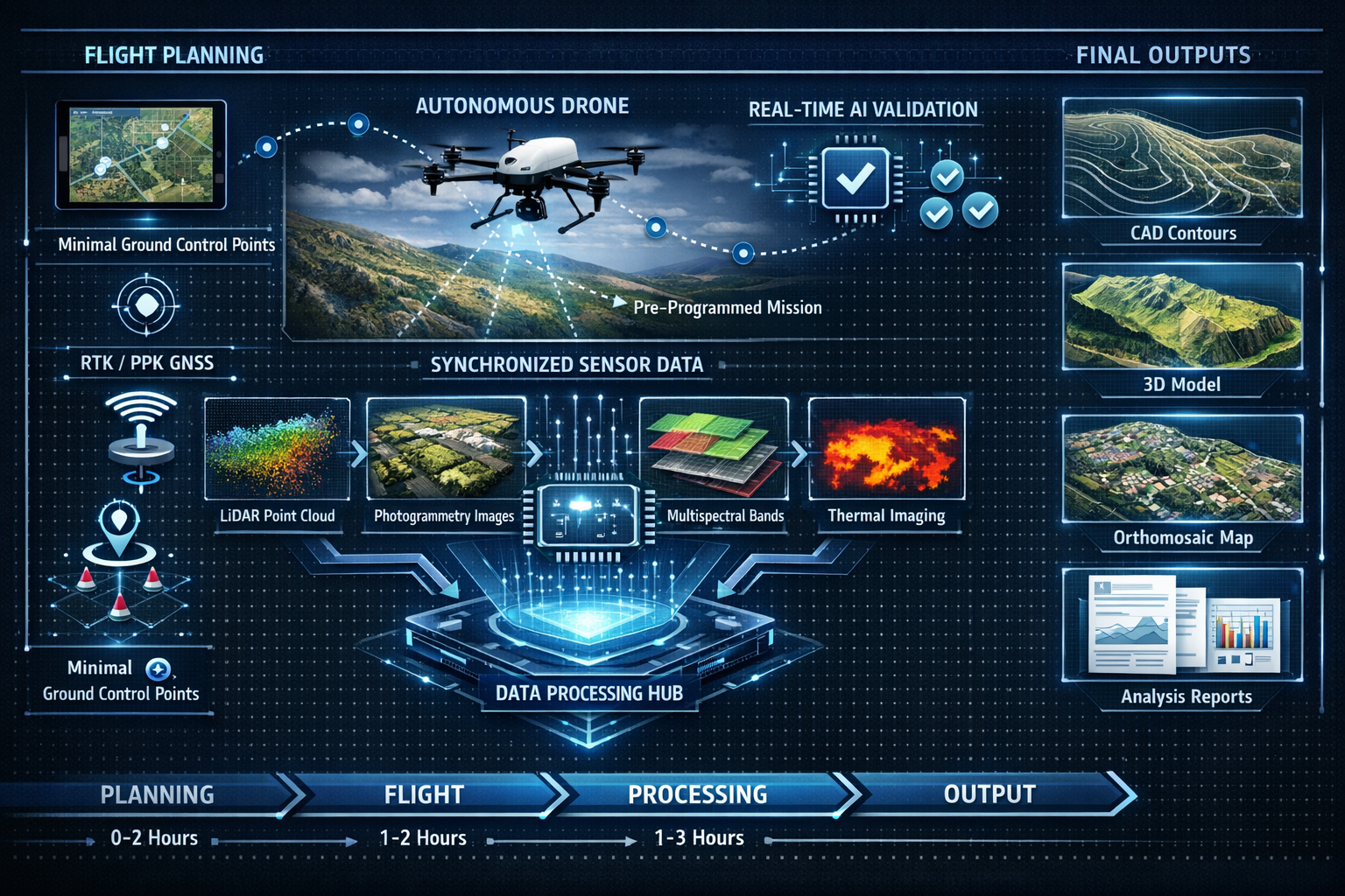 Detailed landscape format (1536x1024) technical workflow diagram illustrating integrated multi-sensor drone operation from flight planning t