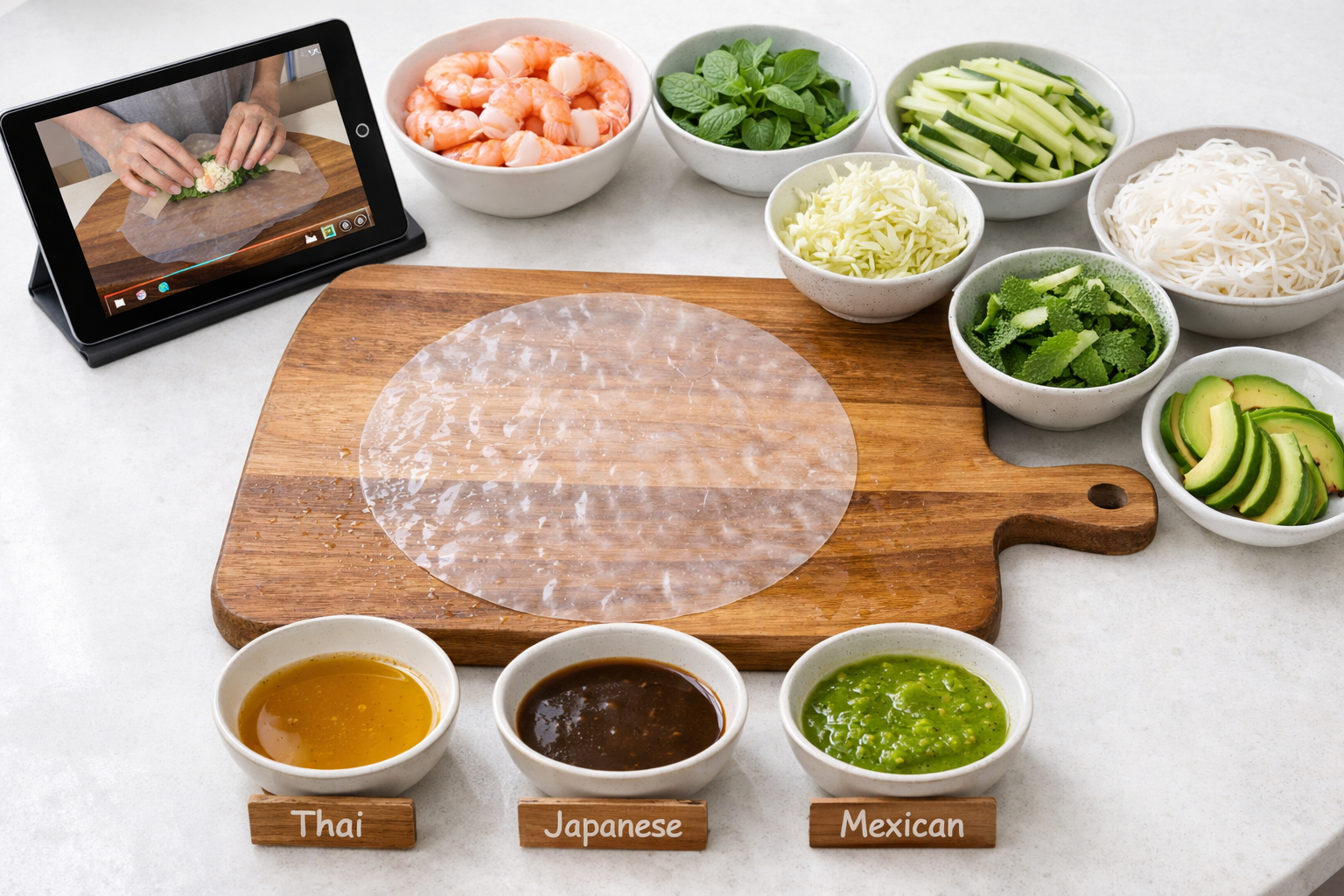 Detailed () editorial food photography image showing a step-by-step rolling station: a wooden board with softened rice