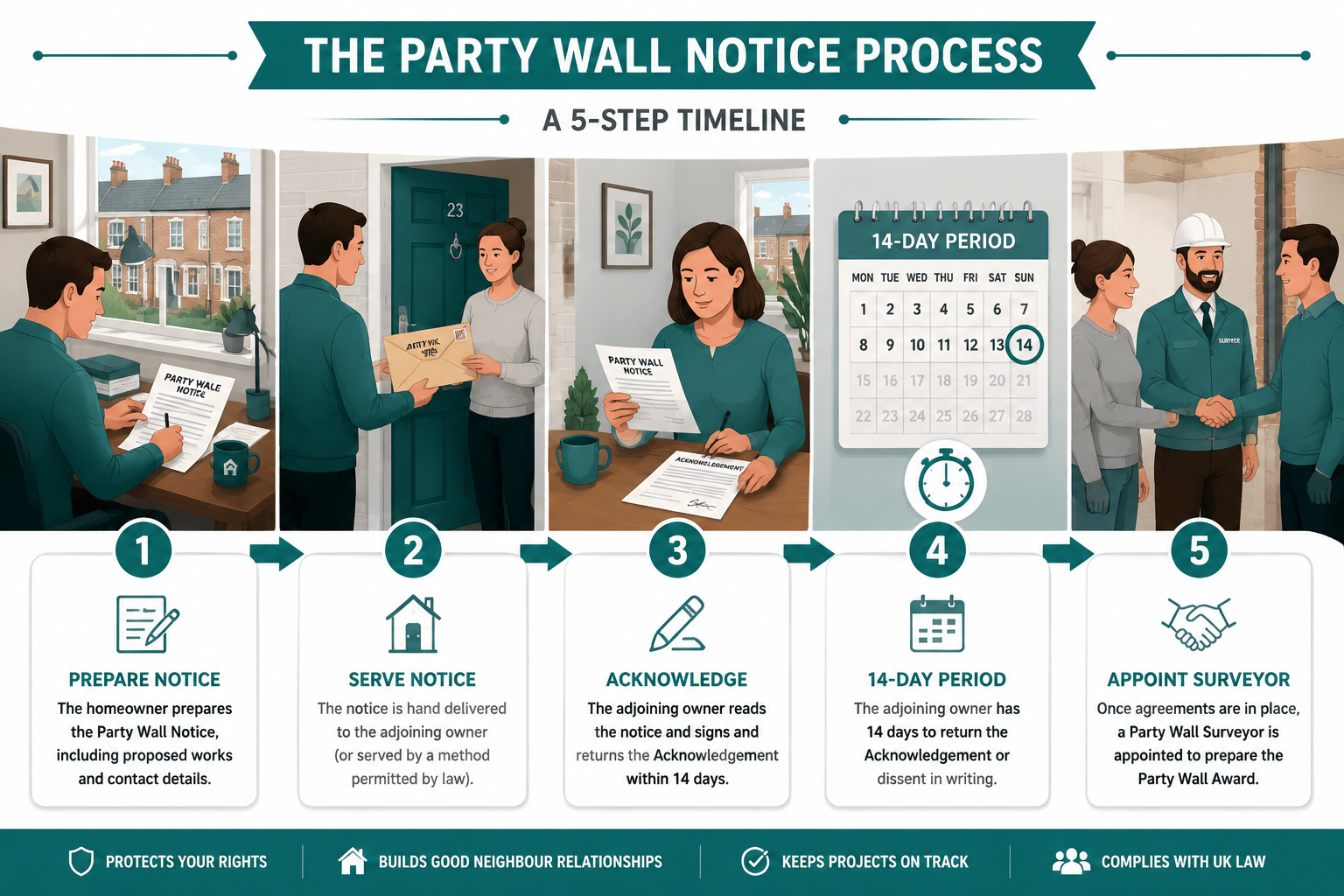 Detailed () step-by-step process infographic visual showing a horizontal timeline with five illustrated stages of serving a