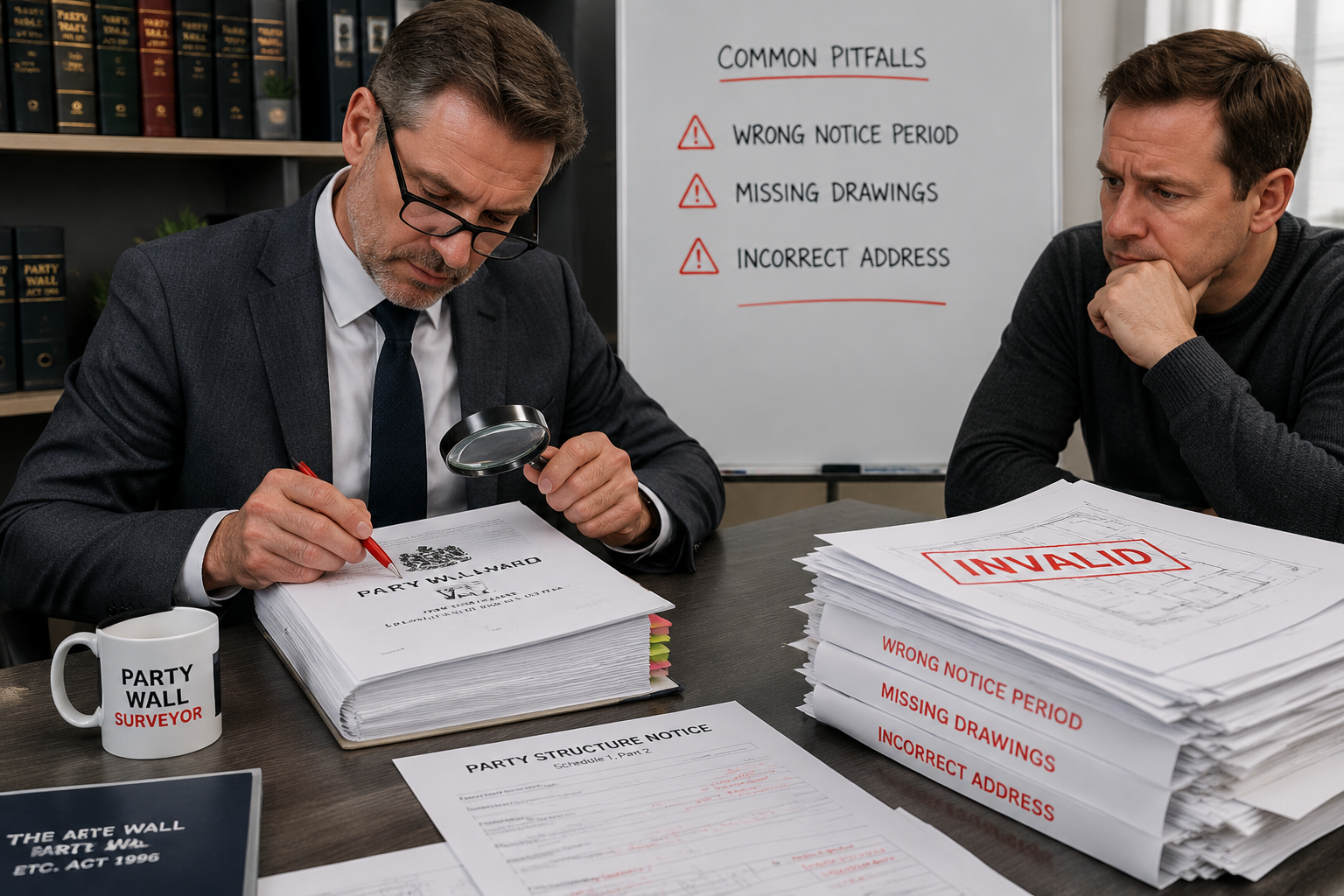 Detailed () image showing a professional party wall surveyor in business attire seated at a conference table reviewing a