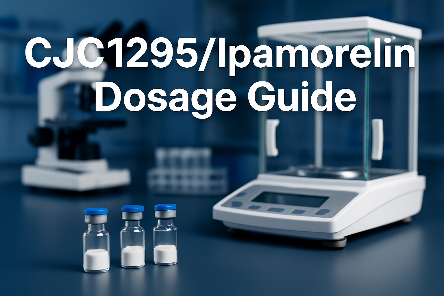 Professional landscape hero image (1536x1024) featuring bold text overlay 'CJC1295/Ipamorelin Dosage Guide' in extra large 72pt white sans-s
