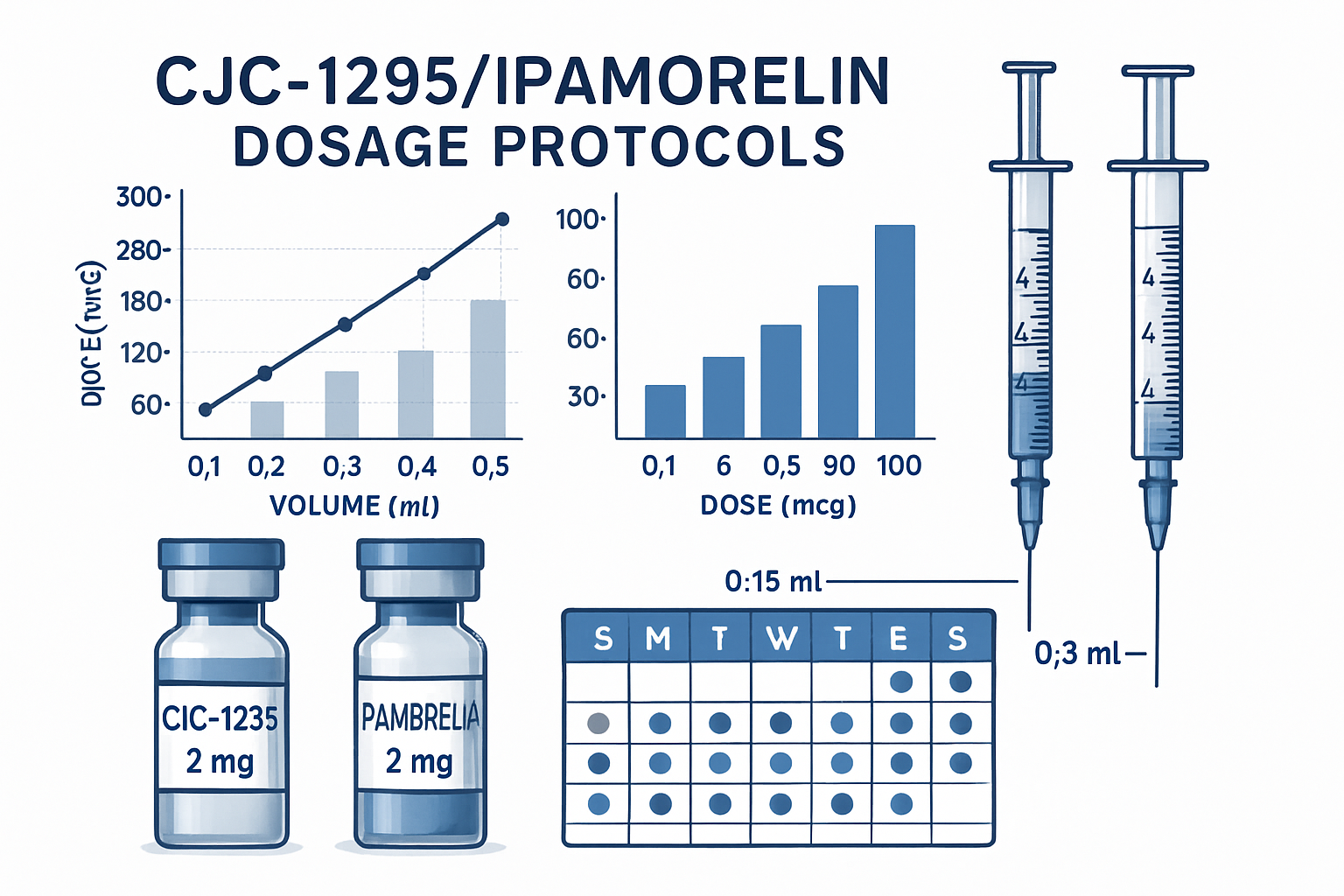 Detailed infographic showing CJC1295/Ipamorelin dosage protocols with measurement charts, peptide vials labeled with dosages, precision syri