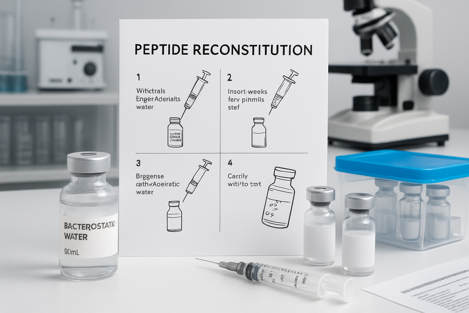 Professional laboratory scene showing peptide reconstitution process with sterile vials, bacteriostatic water, precision measuring tools, an