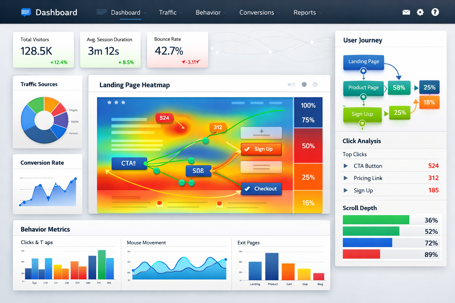 Modern website analytics dashboard showing heatmap visualization of visitor behavior on landing page, with click tracking, scroll depth indi