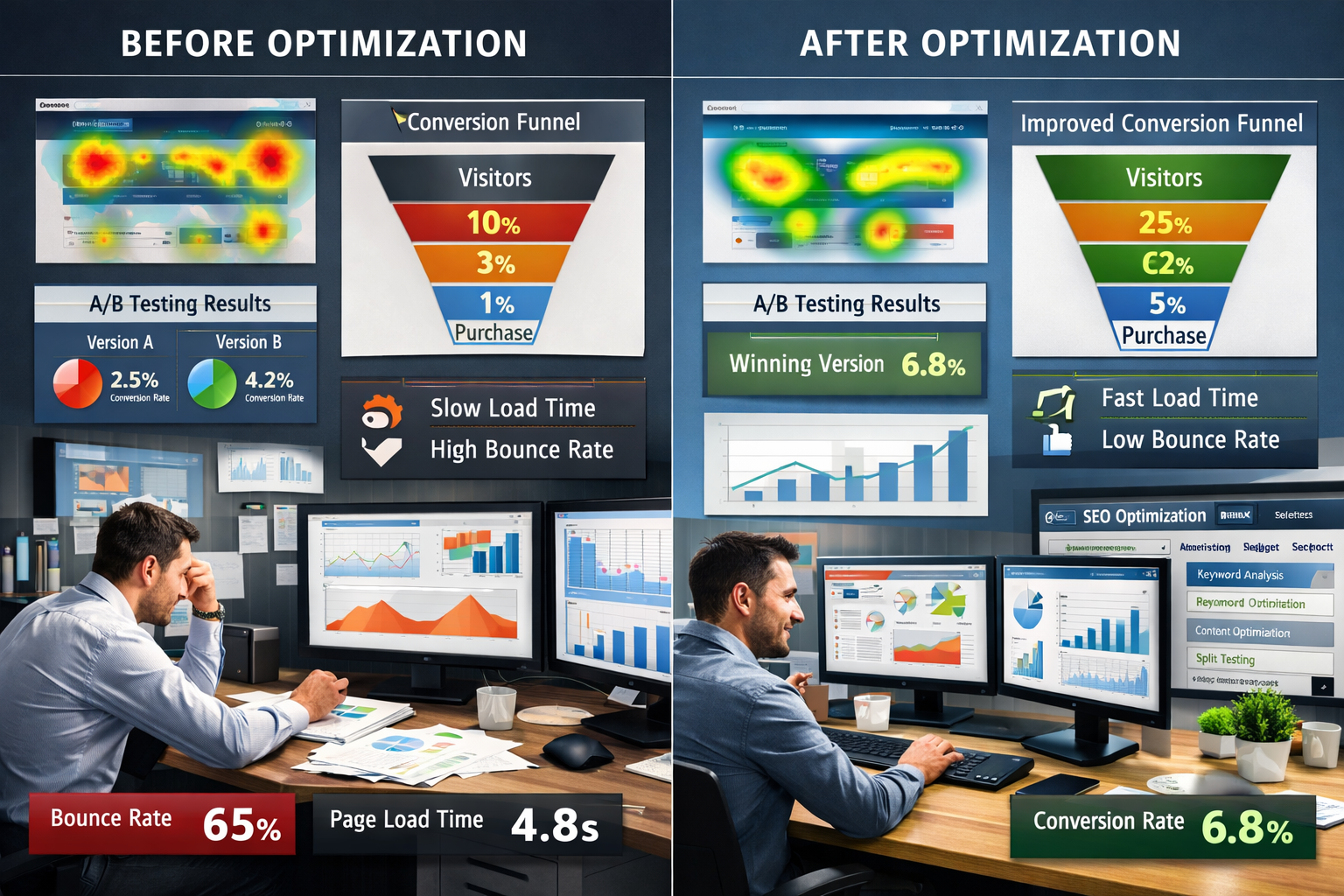 Split screen comparison showing before and after website optimization based on visitor behavior data, with eye-tracking overlay, conversion
