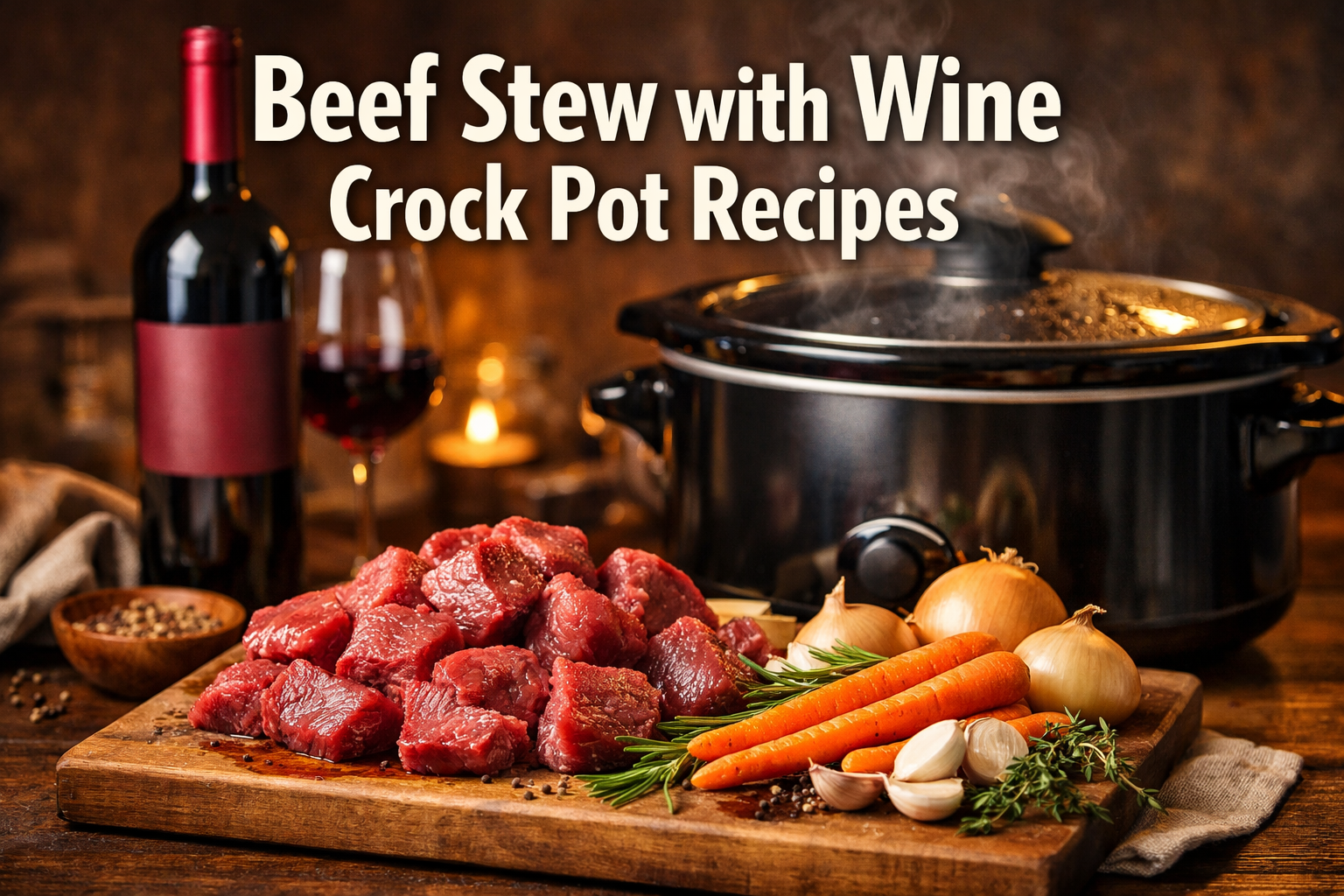 Professional landscape hero image (1536x1024) featuring bold text overlay 'Beef Stew with Wine Crock Pot Recipes' in extra large 72pt white 