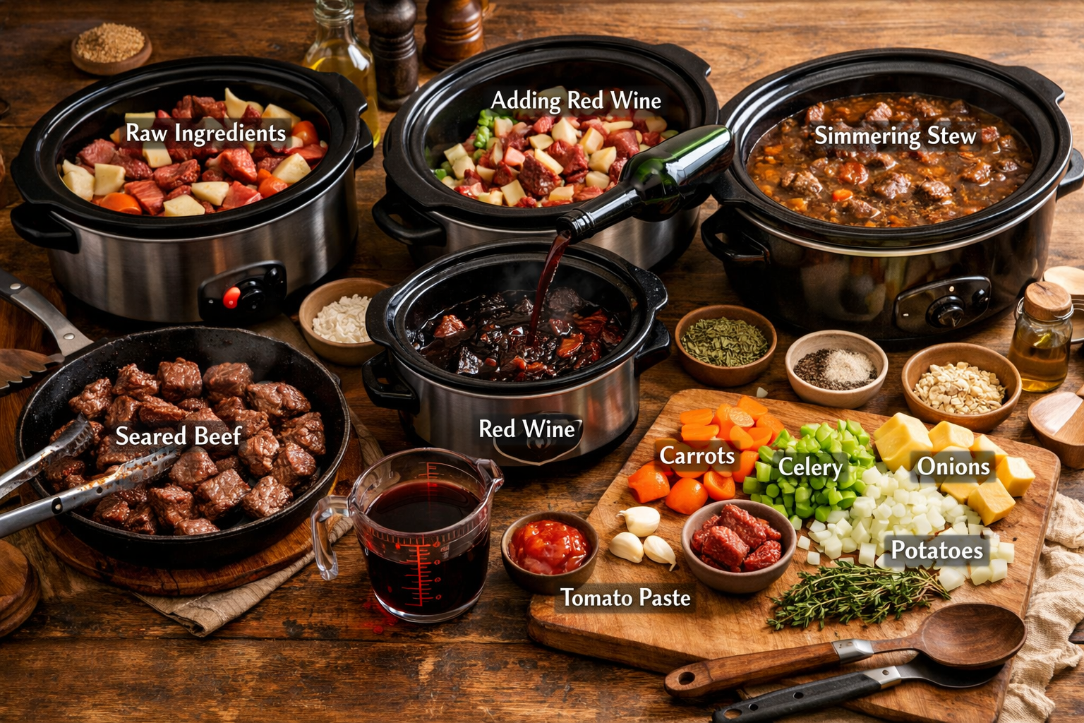Detailed landscape image (1536x1024) showing step-by-step beef stew preparation process with multiple slow cookers in different stages, raw 