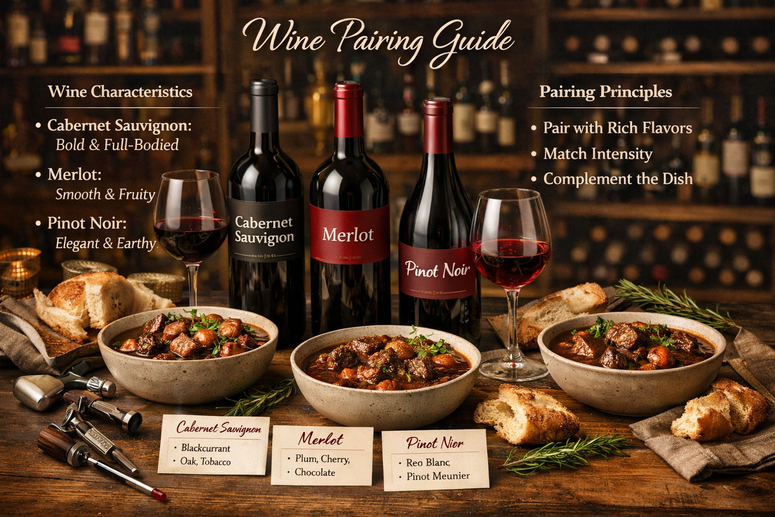 Landscape image (1536x1024) displaying wine pairing guide with multiple wine bottles (Cabernet Sauvignon, Merlot, Pinot Noir) arranged next 