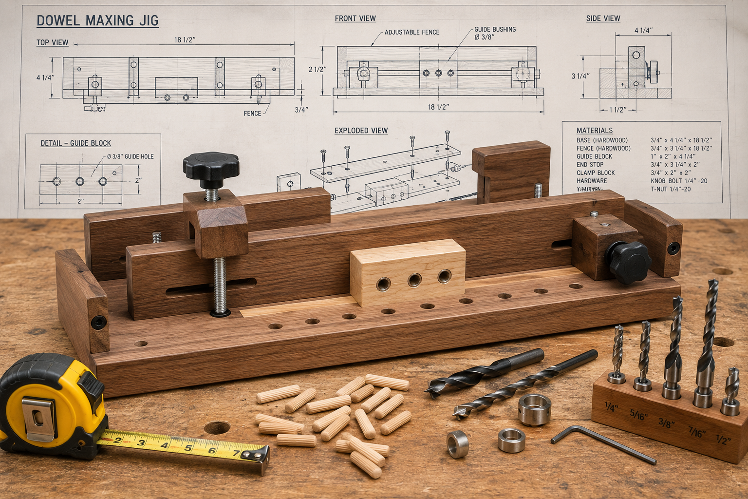 A detailed, eye-level landscape shot () of a partially constructed DIY dowel maxing jig made from hardwood, resting on a