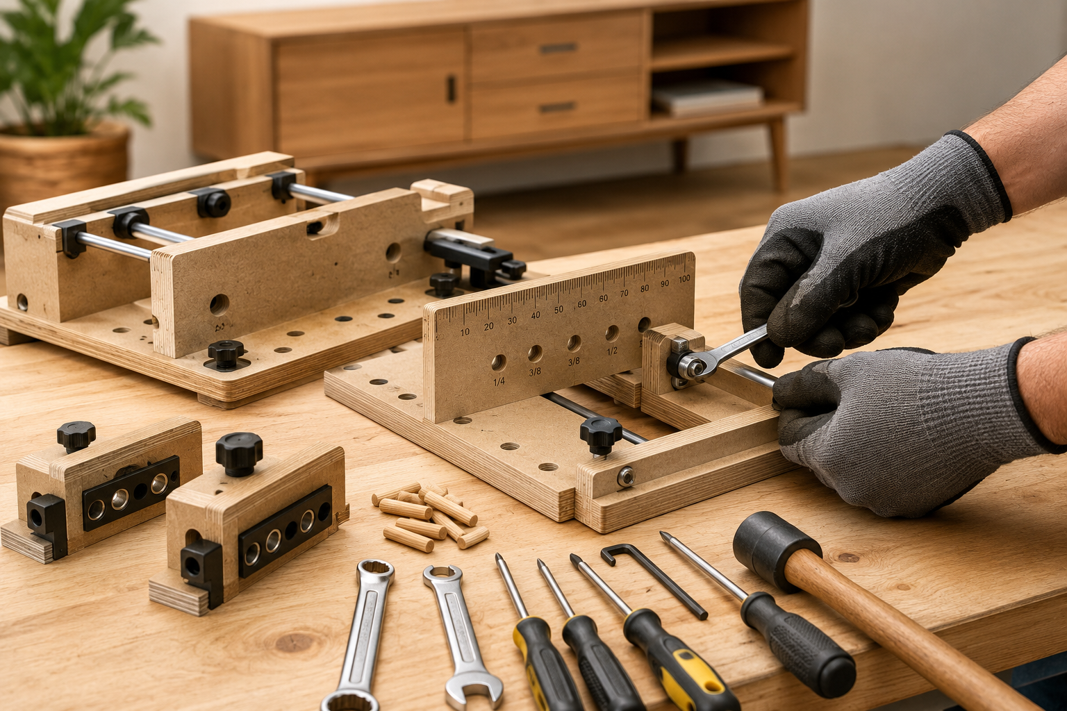 A dynamic, close-up landscape image () showcasing the step-by-step assembly of a DIY portable dowel maxing jig. A pair of