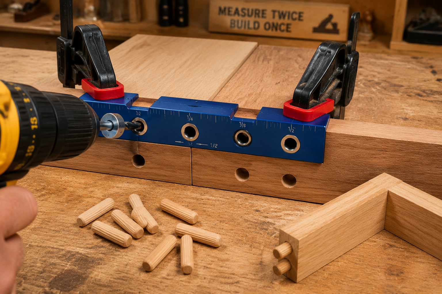 An action-oriented landscape shot () demonstrating the effective use of a DIY portable dowel maxing jig in a woodworking