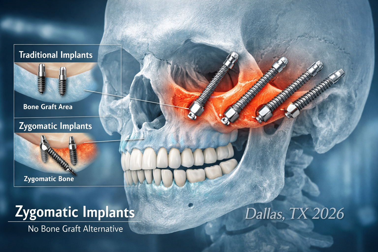 Landscape format (1536x1024) editorial image illustrating the concept of Zygomatic Implants. The visual should feature a translucent, anatom