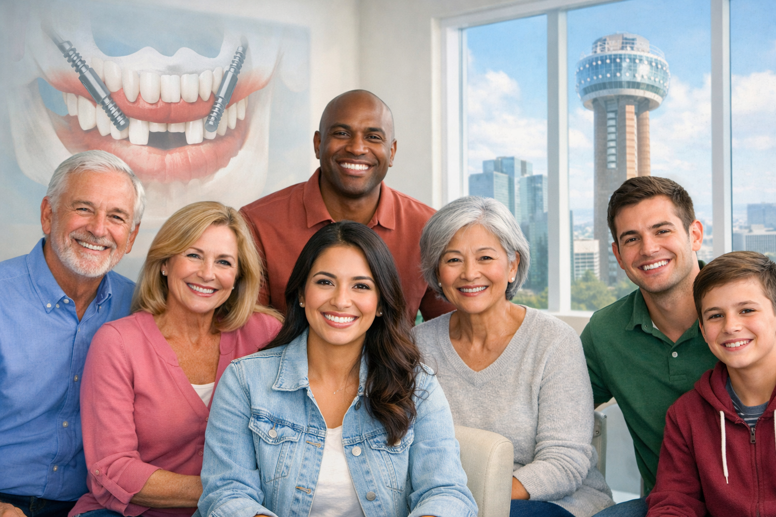Landscape format (1536x1024) image featuring a diverse group of happy, smiling patients of various ages in a bright, modern dental waiting a