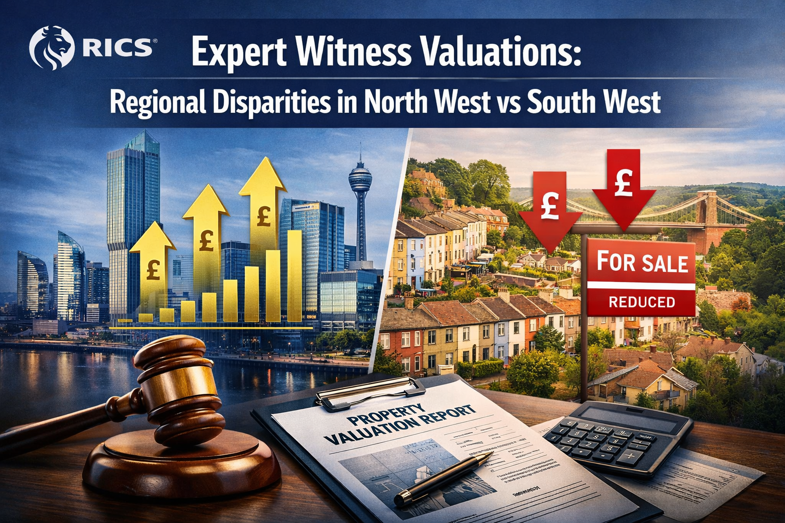 Professional () hero image with 'Expert Witness Valuations: Regional Disparities in North West vs South West' in extra large