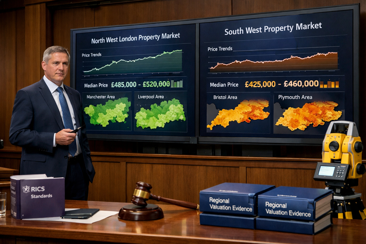 Detailed () image showing professional expert witness in formal business attire standing before large dual-screen