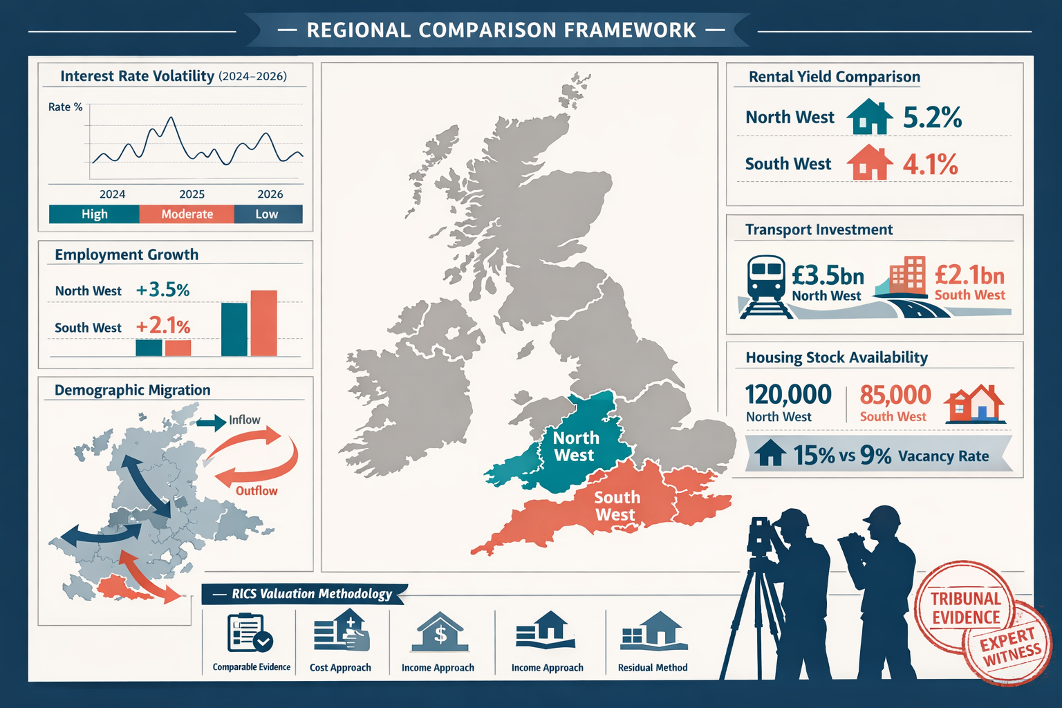 Detailed () infographic-style image displaying comprehensive regional comparison framework. Center features large UK map