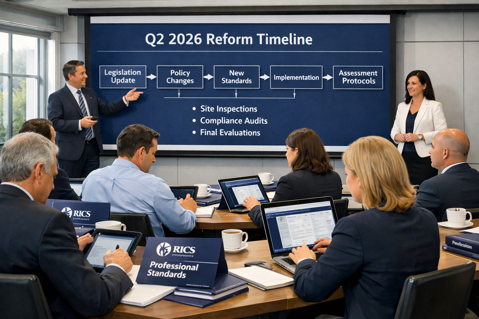 () detailed illustration showing chartered surveyor training workshop scene with multiple professionals in business attire