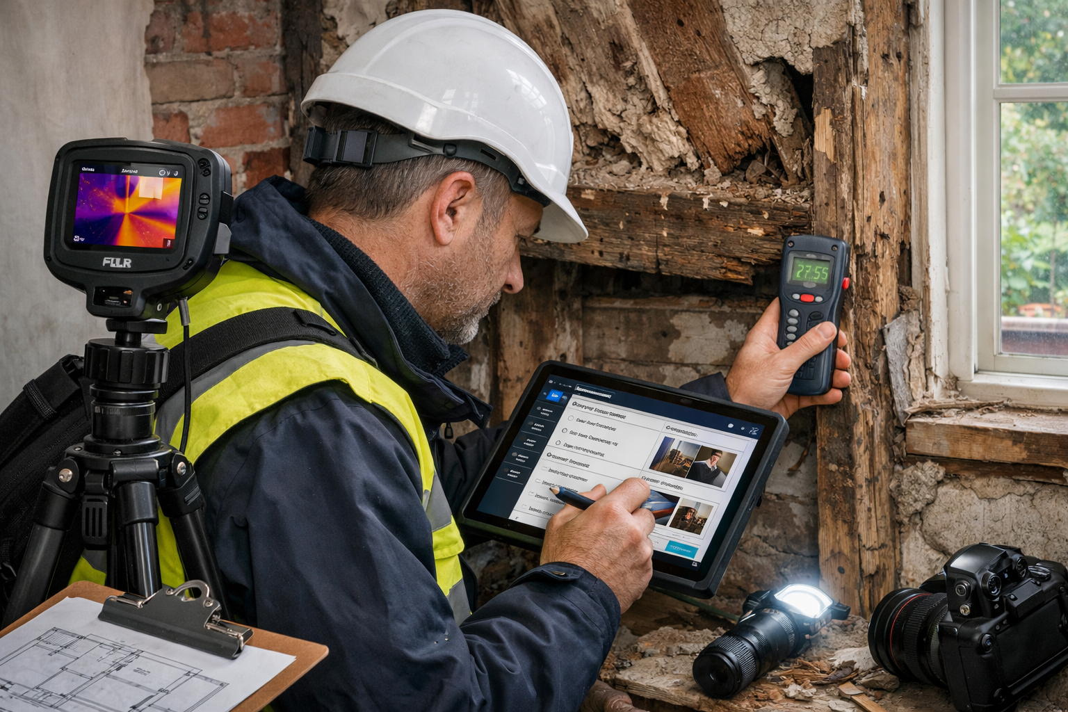 () dynamic scene showing chartered surveyor conducting comprehensive Level 3 building survey in UK residential property,