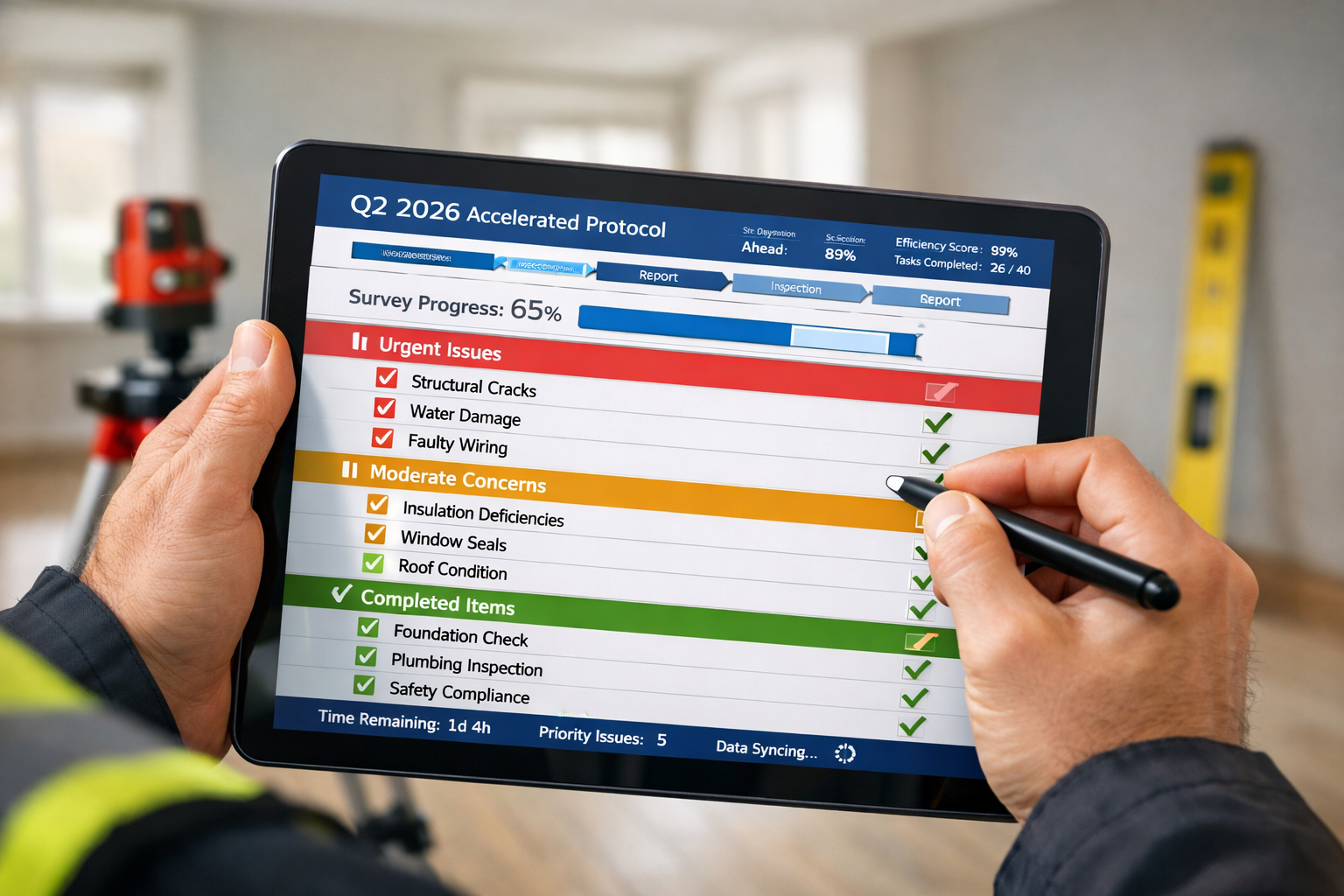Detailed () image showing close-up of professional surveyor's hands holding digital tablet displaying comprehensive building