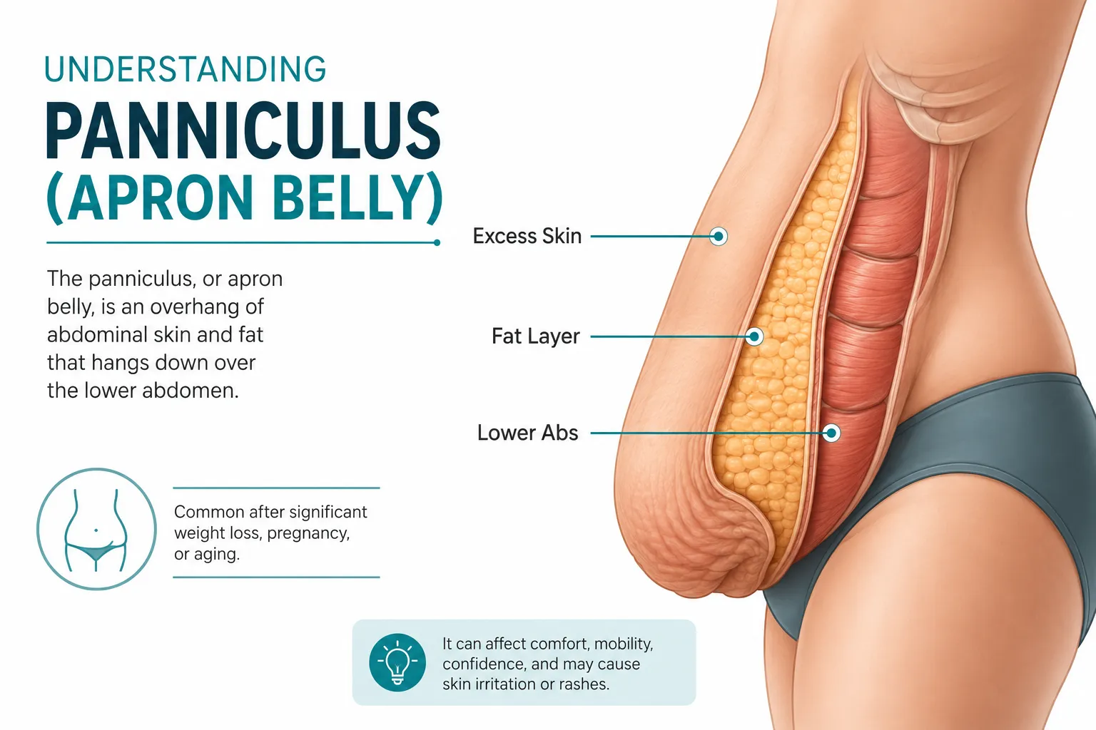 Editorial landscape format (1536x1024) bright infographic-style illustration showing a labeled anatomical side-view of the lower abdomen area highlighting the panniculus or apron belly overhang in soft coral tones, with clean sans-serif labels like 'Excess Skin', 'Fat Layer', 'Lower Abs' each under 5 words, white background with teal accent lines, educational medical illustration style, Pinterest-worthy clarity, no tables or pricing grids, 8% safe margins on all text.

Apron Belly Exercises