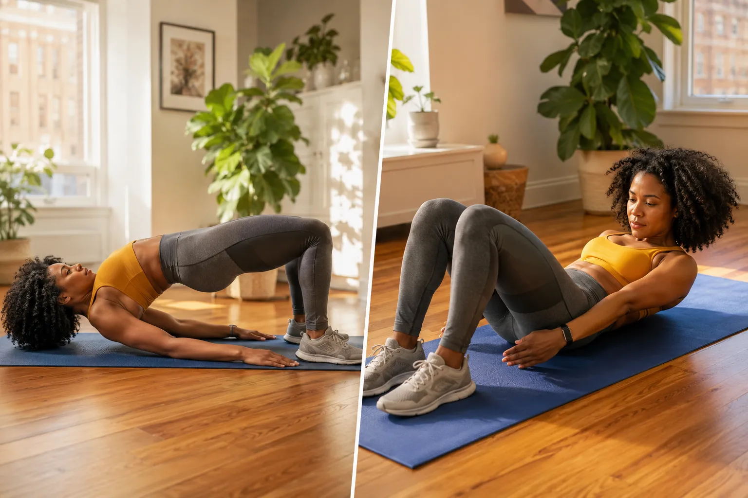 Editorial landscape format (1536x1024) split-screen natural daylight photograph: left side shows a Black woman in her 30s performing a glute bridge on a blue yoga mat on a hardwood floor, right side shows the same woman doing heel taps lying on her back with knees bent, both in bright airy home setting with plants in background, warm golden morning light, athletic wear in mustard and grey, dynamic and energetic composition, magazine fitness editorial style.

Best Apron Belly Exercises