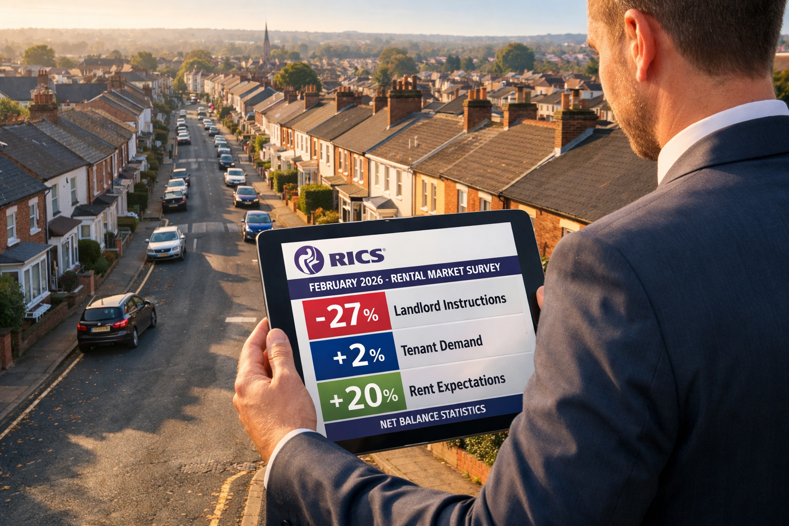 Wide-angle aerial view of a UK residential street with buy-to-let properties, overlaid with a RICS February 2026 data