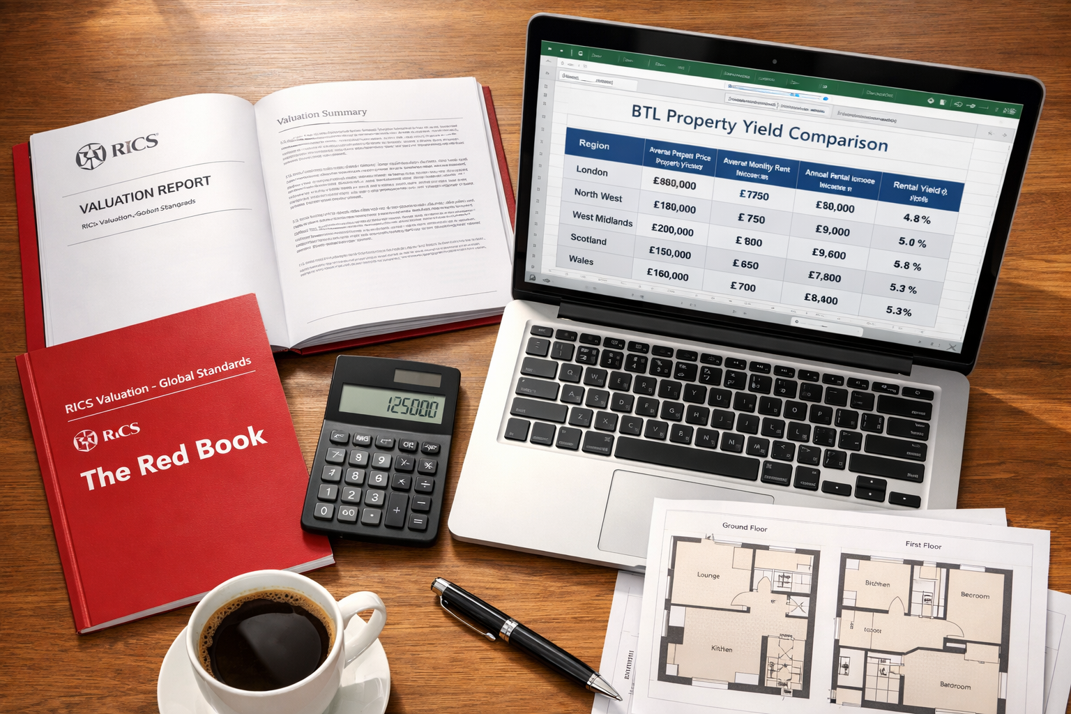Close-up overhead shot of a wooden desk with a RICS Red Book valuation report open beside a laptop showing rental yield