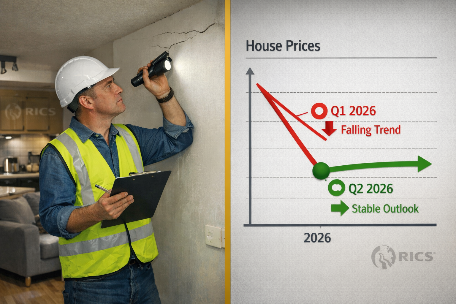 Split-scene landscape image: left side shows a surveyor in a hard hat conducting a structural inspection inside a BTL flat,