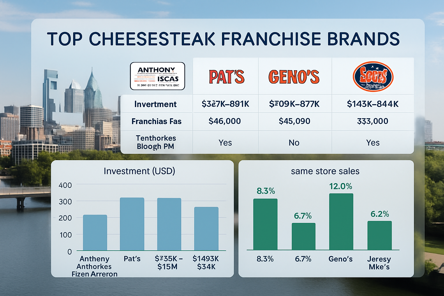 Detailed landscape image (1536x1024) showing comparison chart of top cheesesteak franchise brands including Anthony and Lucas Pizza Kitchen,