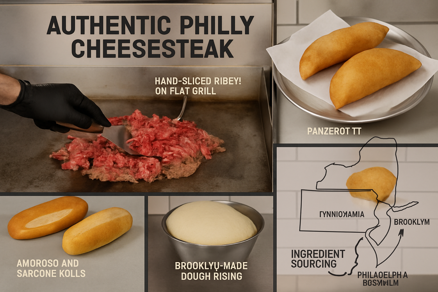 Professional landscape image (1536x1024) featuring authentic Philly cheesesteak preparation with hand-sliced ribeye on flat grill, Amoroso a