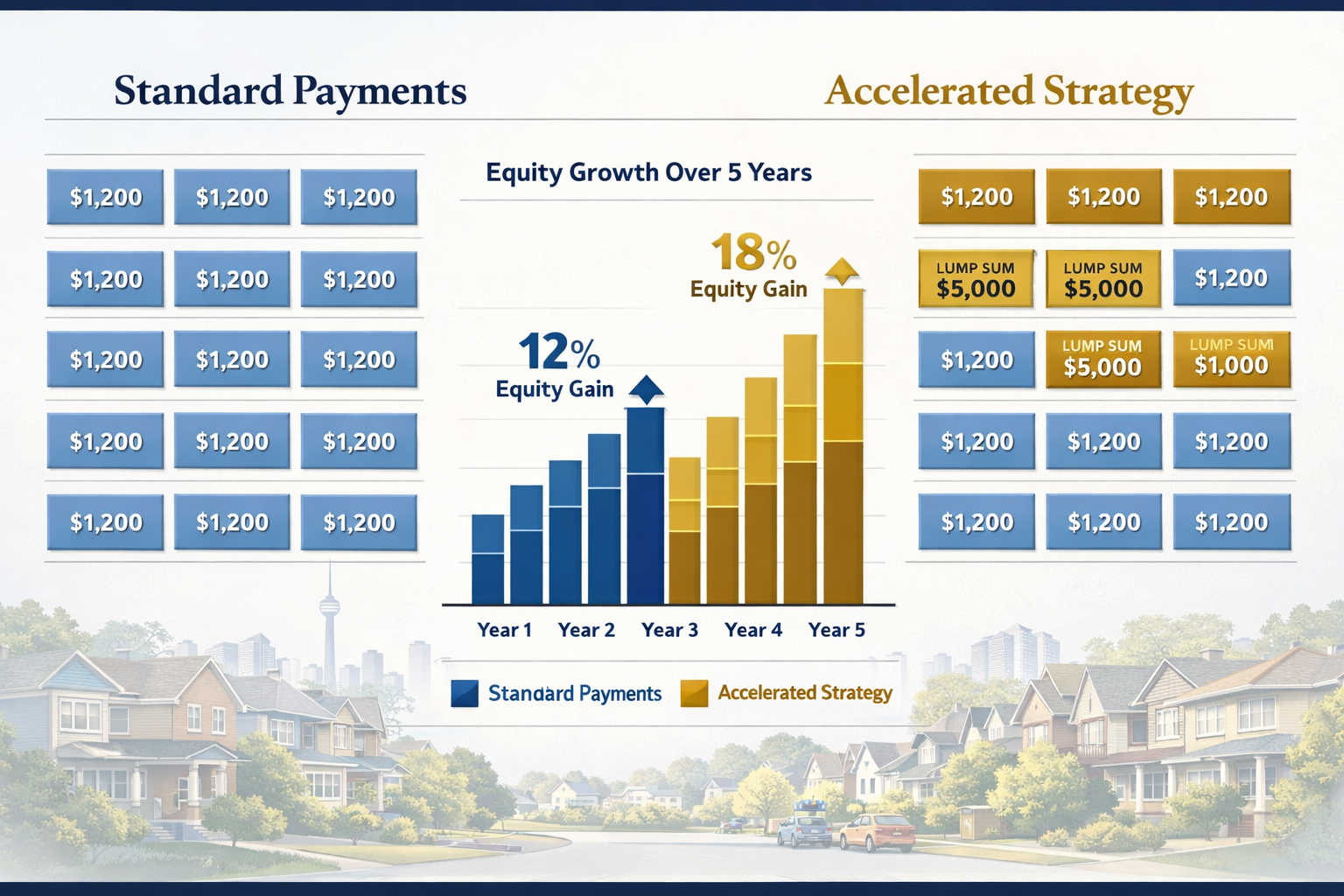 Detailed () illustration showing side-by-side comparison of two mortgage payment schedules on clean infographic layout. Left