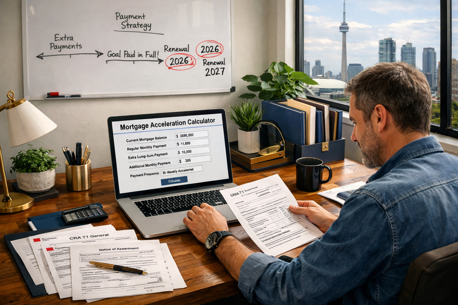 Detailed () photograph-style image of modern Toronto home office workspace showing self-employed professional reviewing