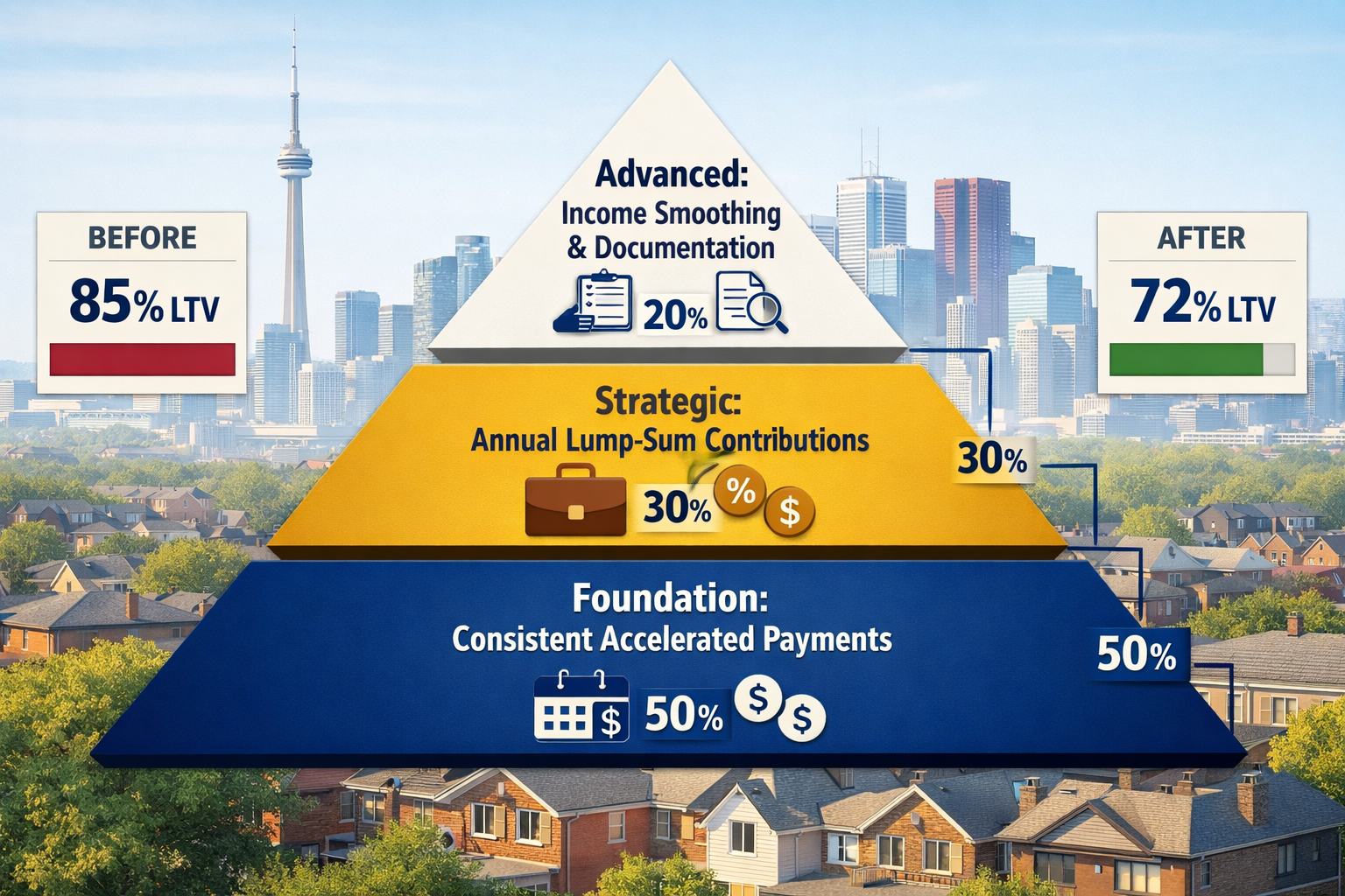 Detailed () conceptual illustration showing three-tier pyramid diagram representing equity building strategies for