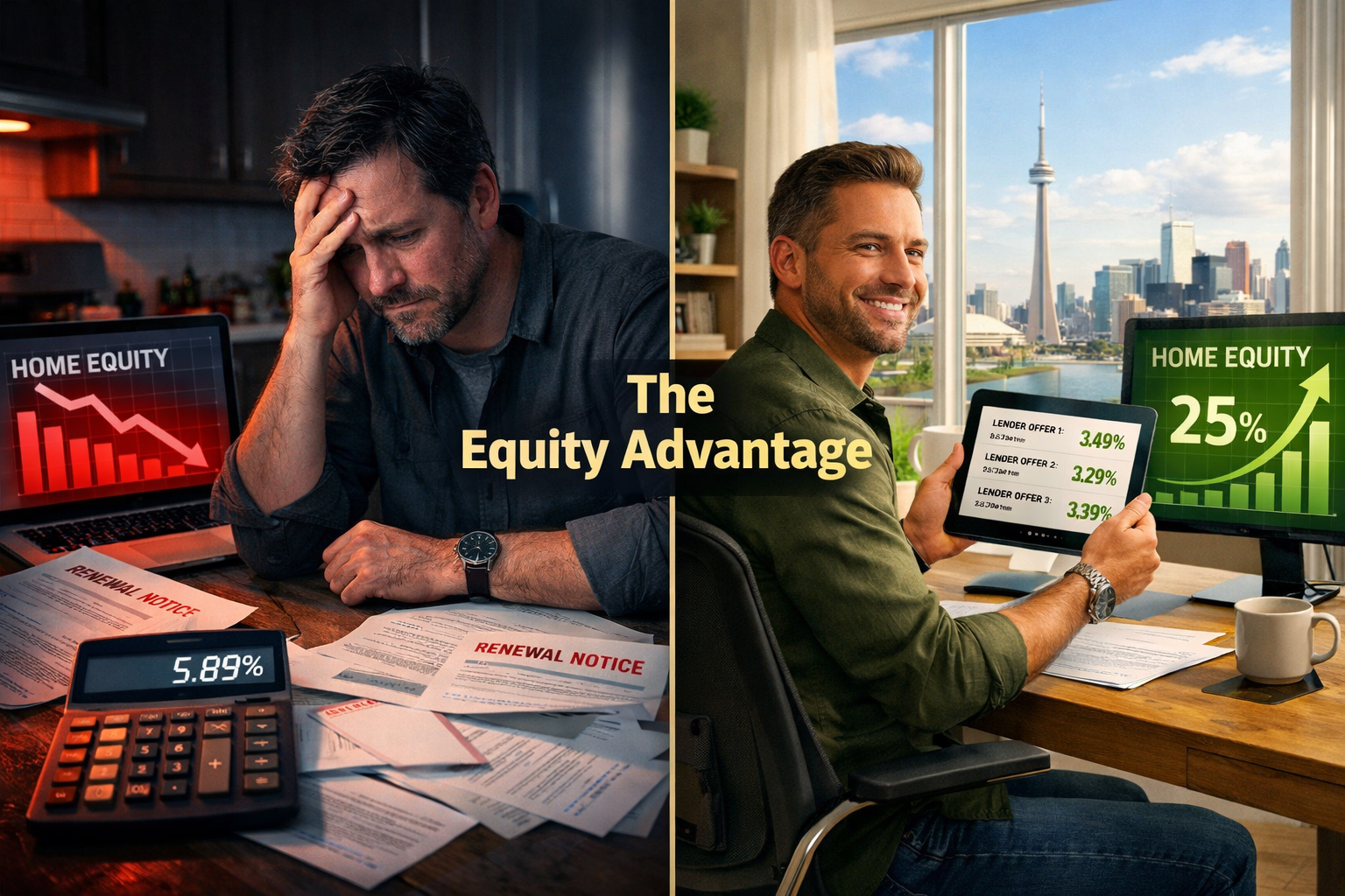 Detailed () split-screen composition showing mortgage renewal negotiation scenario. Left side depicts stressed homeowner at