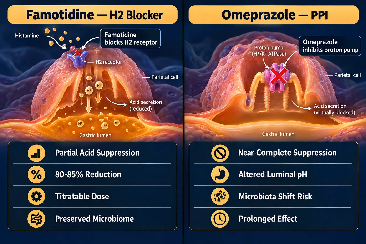 Famotidine vs. Omeprazole: Mechanism, Timing, and pH Profile