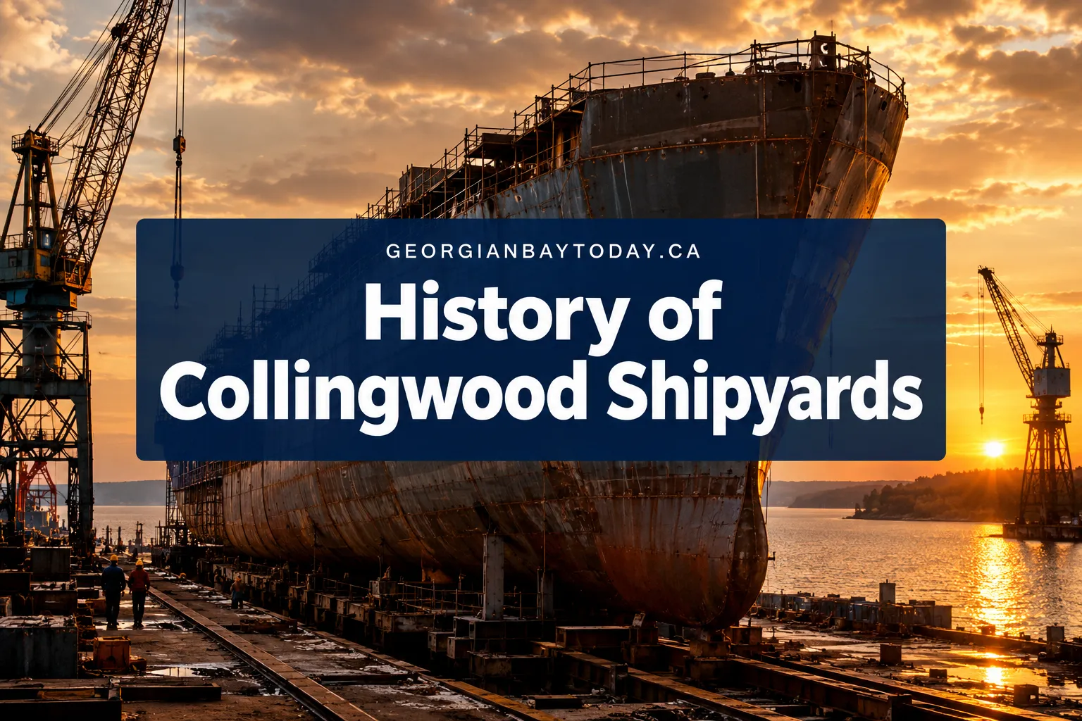 Professional () hero image with 'History of Collingwood Shipyards' in crisp white on a deep navy semi-transparent panel,