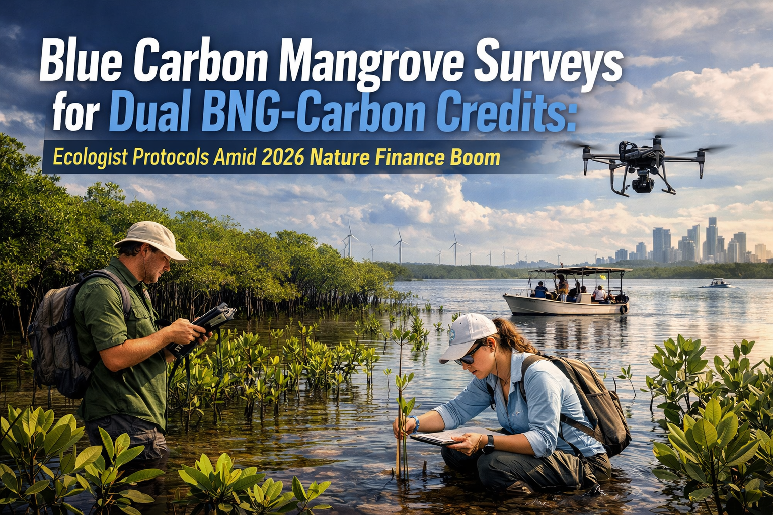 Professional landscape hero image () with : "Blue Carbon Mangrove Surveys for Dual BNG-Carbon Credits: Ecologist Protocols