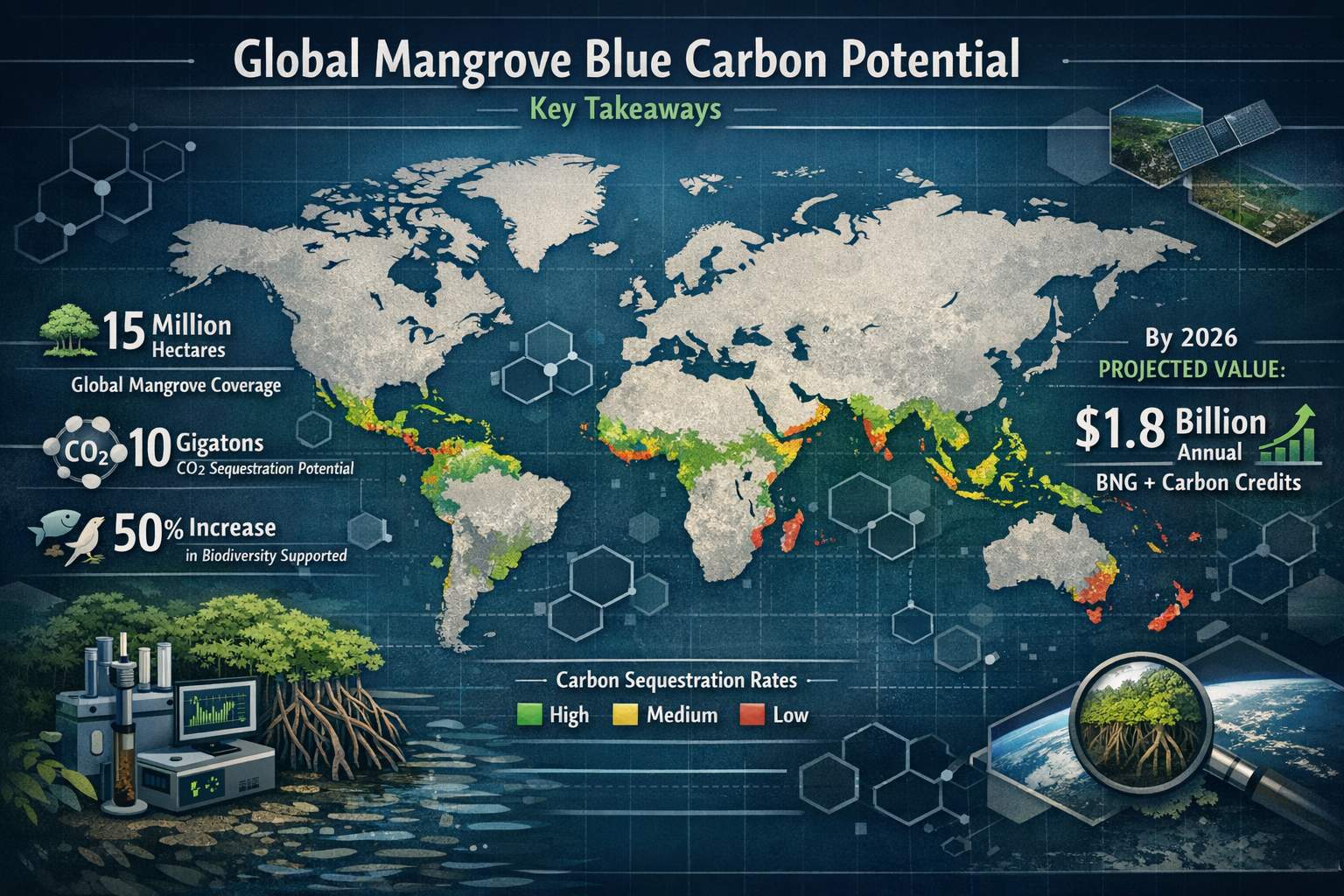 Key Takeaways section visual: Landscape editorial infographic mapping global mangrove blue carbon potential, featuring world