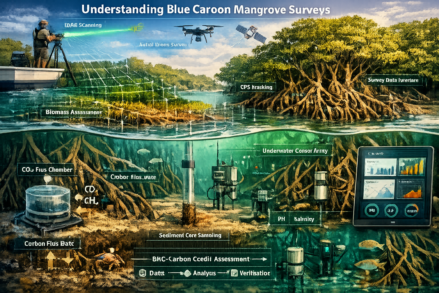 Understanding Blue Carbon Mangrove Surveys visual: Comprehensive ecological landscape showing intricate mangrove root