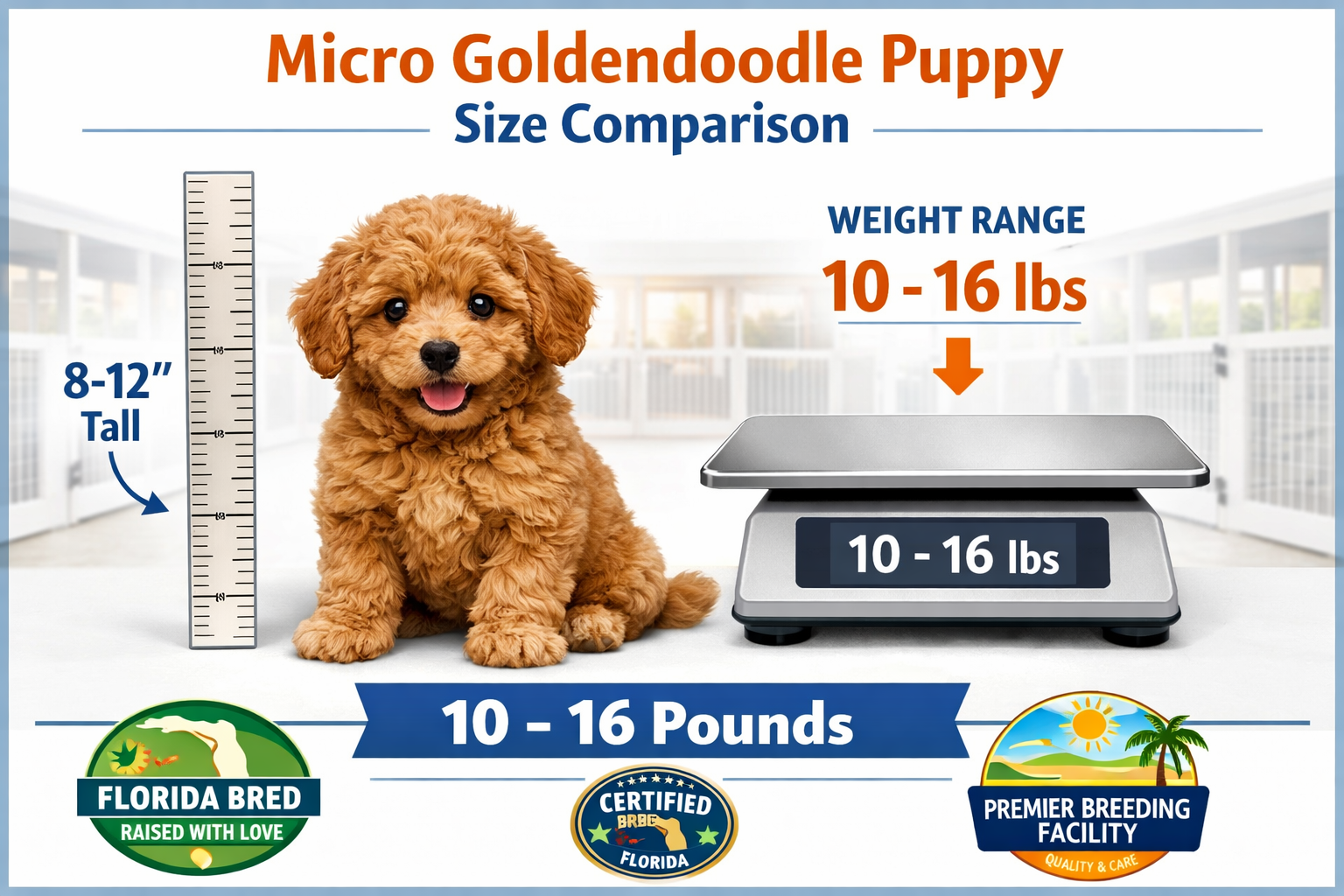 Landscape format (1536x1024) image showing size comparison chart with micro goldendoodle puppy next to ruler and weight scale, displaying 10