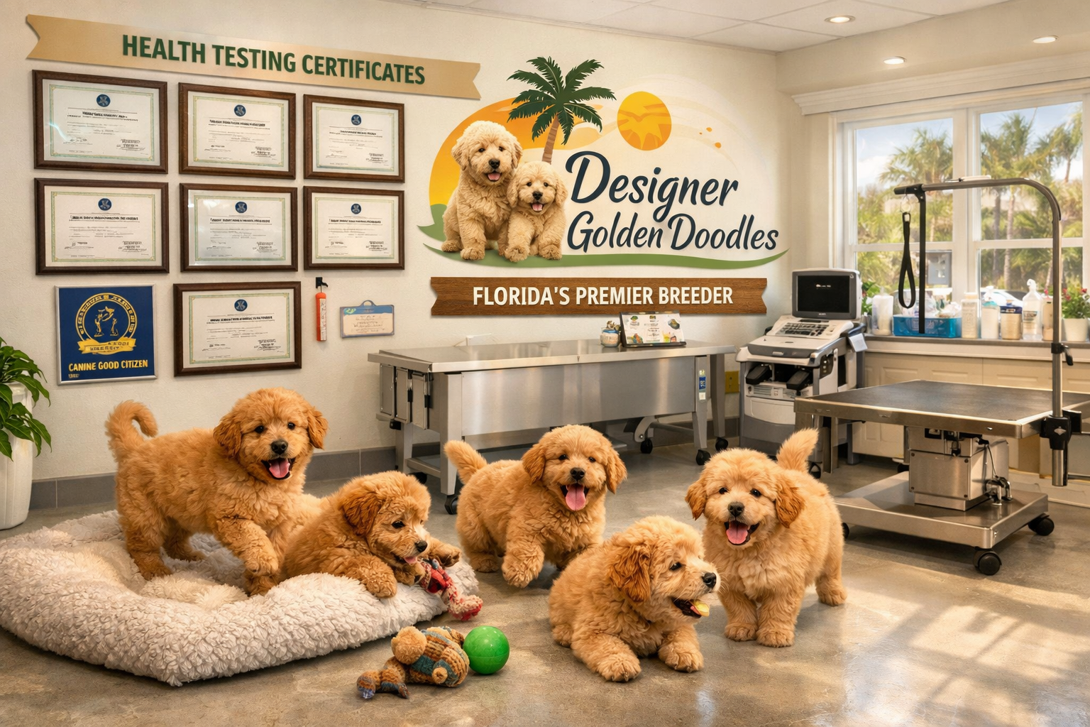 Landscape format (1536x1024) image of reputable Florida goldendoodle breeding facility with health testing certificates displayed, veterinar
