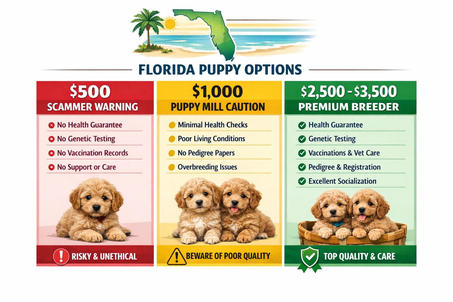 Landscape format (1536x1024) pricing comparison chart showing three tiers: $500 scammer warning in red, Section Image000 puppy mill caution in yellow, 