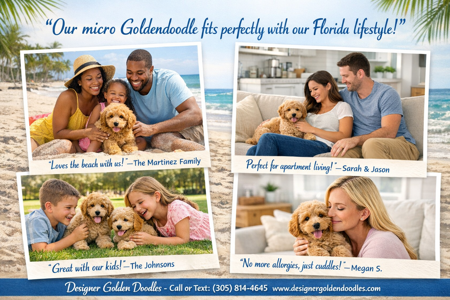 Landscape format (1536x1024) image of happy Florida families with their micro goldendoodle puppies in typical Florida settings like beaches,