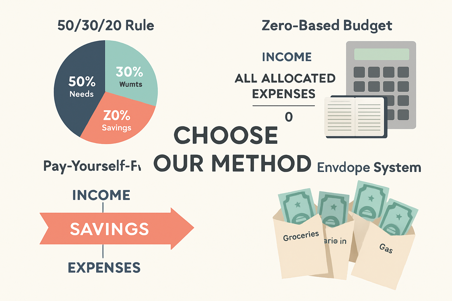 Editorial-quality landscape illustration (1536x1024) comparing four budgeting methods in quadrant layout. Top-left: 50/30/20 rule shown as t